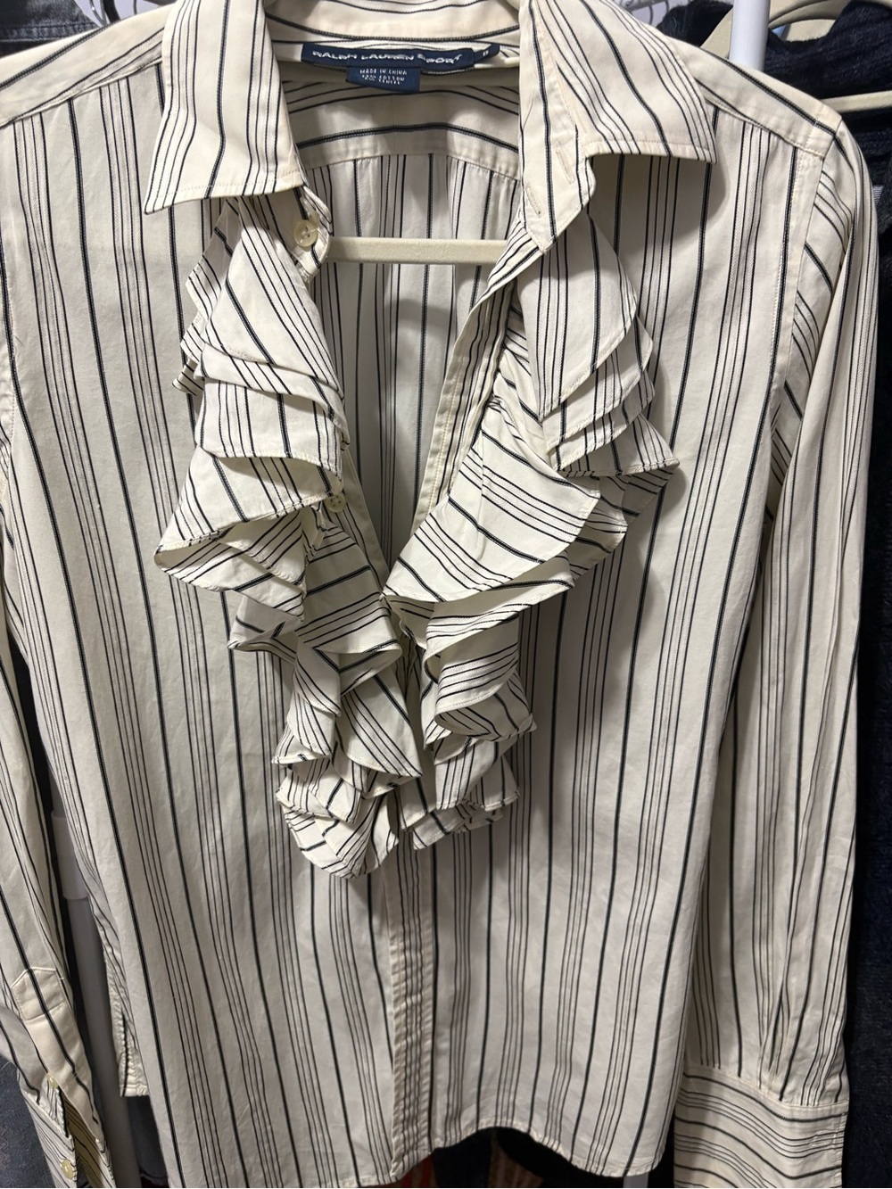 Ralph Lauren Sport Ruffled Striped Button Down Shirt Cream Black Size 8